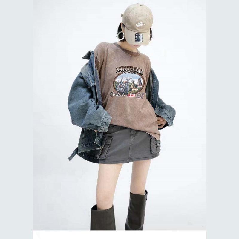 

Women s Retro Loose Fit Cotton Batik T-Shirt - Washed Old-School Design, Short Sleeve, Trendy High Street Style. L оливковый