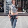 American Hot Girl Striped Letter Print Slim Crop Knit T-Shirt for Women