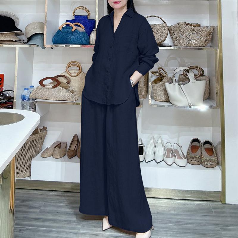 ZANZEA Women Long Sleeve Blouse and Pants Casual Two Piece Suit Sets