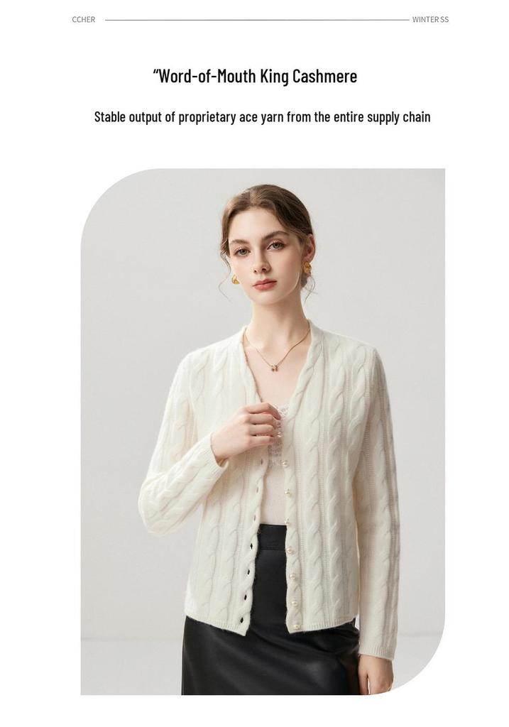 Lekasha Cashmere V-Neck Pearl Button Cable Knit Sweater Coat for Autumn and Winter