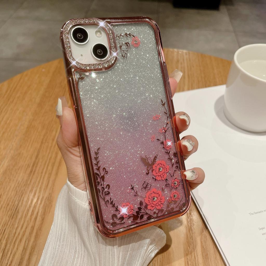 Suitable for Apple 16ProMax, Butterfly Ring Stand, Phone Case, Rhinestone, IPhone15 Electroplated Gradient Glitter Case