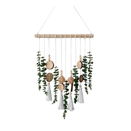 Bohemian Artificial Plants Hanging Tapestry, Handmade Tapestry with Wooden Beads Chips, Living Room Bedroom Wall Art Decoration