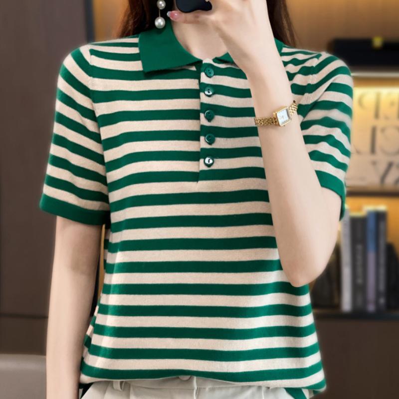 Pure Cotton POLO Collar Knit Sweater Short-sleeved Women's Summer Striped T-shirt Fashionable and Versatile Three-point Sleeve Top