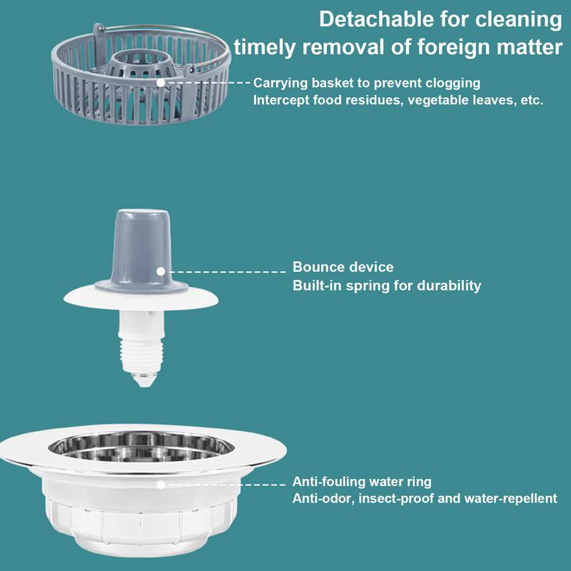 Kitchen Sink Stopper Three In 1 Anti-Clogging Pop Up Drain Plug Odor-Resistant Overflow Draining Cover For Intercepting Food