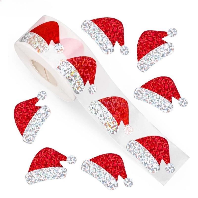 

500stickers GlitteringRed Christmas Hat Stickers Self-Adhesive Sealing Sticker for Gift Packaging Party Decor Scrapbooking Cards