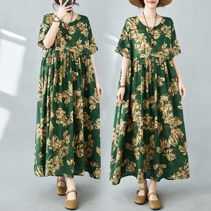 Simple Bohemian Print Dress Short Sleeve Round Neck Summer New Style Elegant Feel Long Dresses Women's Clothing