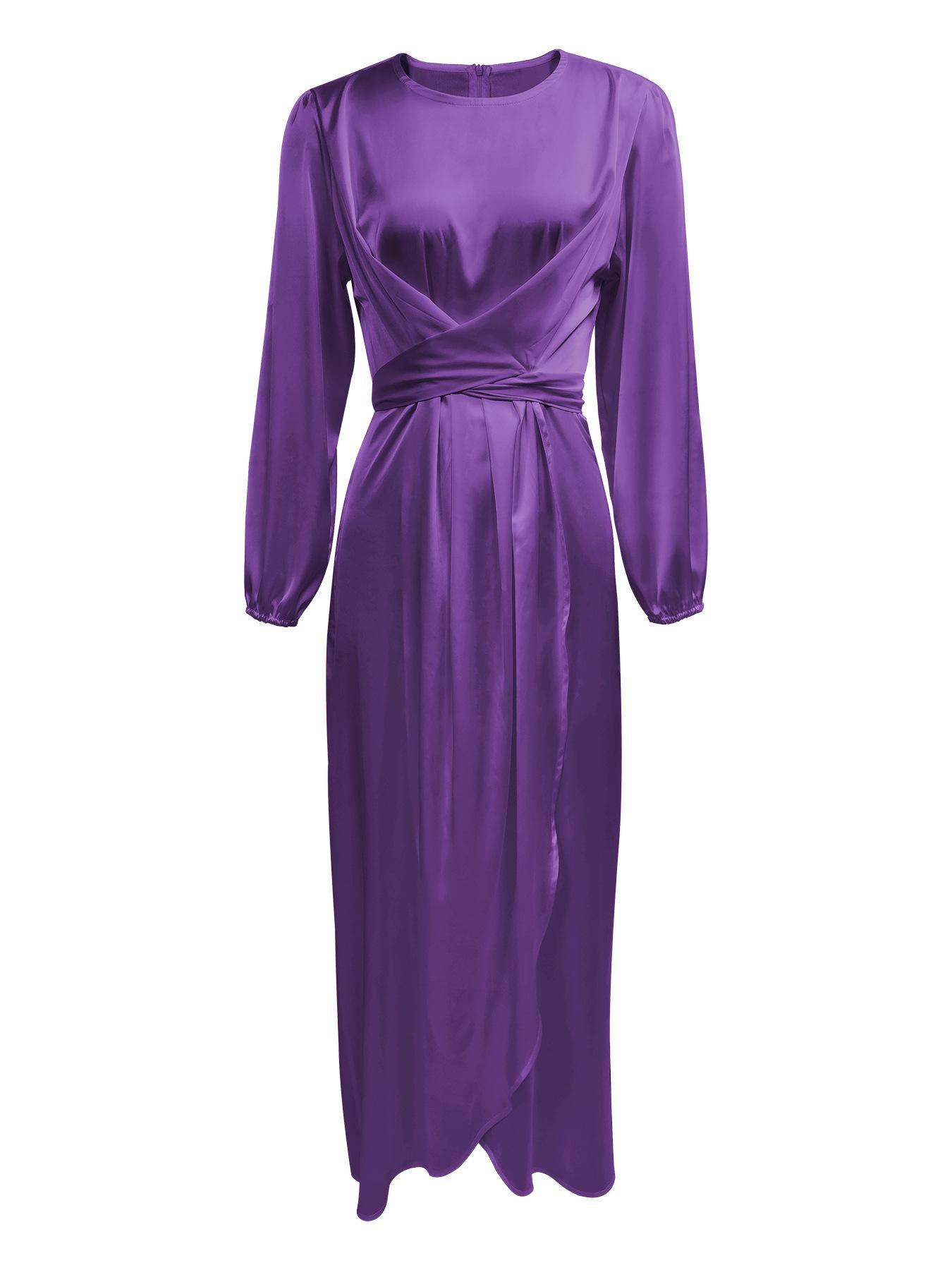 2024 Soft waist pleated dress European and American satin dress S фиолетовый