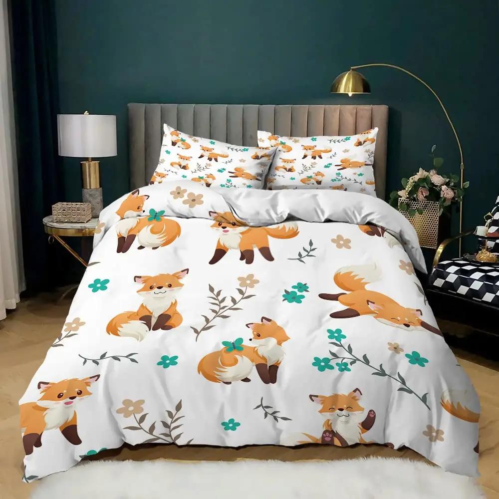 Cartoon Fox Duvet Set Cute Animal Print Bedding Three-Piece Set