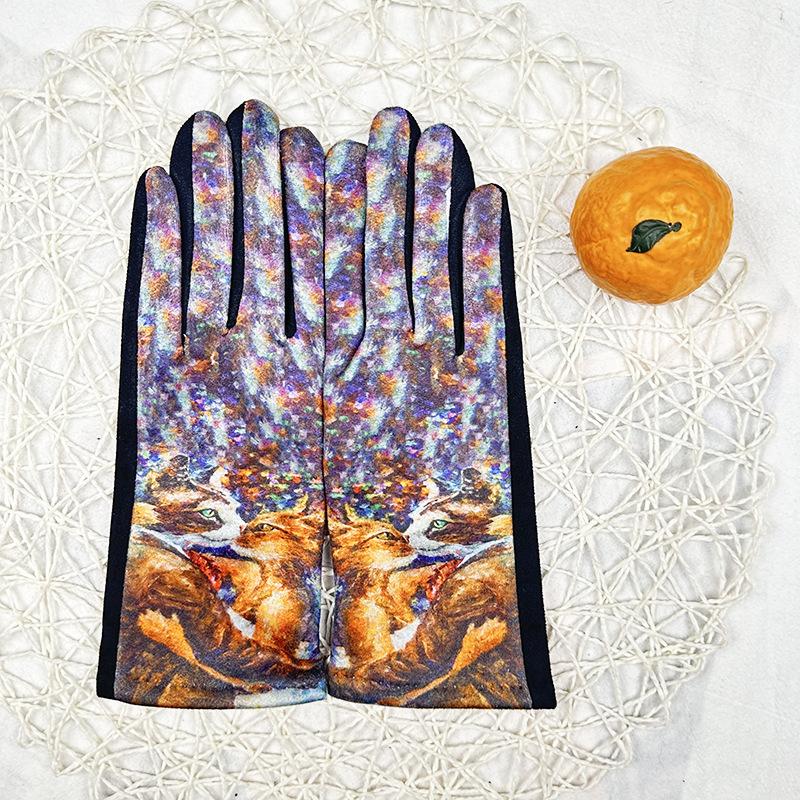 Fashion 3D Oil Painting Gloves Women'S Suede Fleece Thickened Touch Screen Thermal Gloves