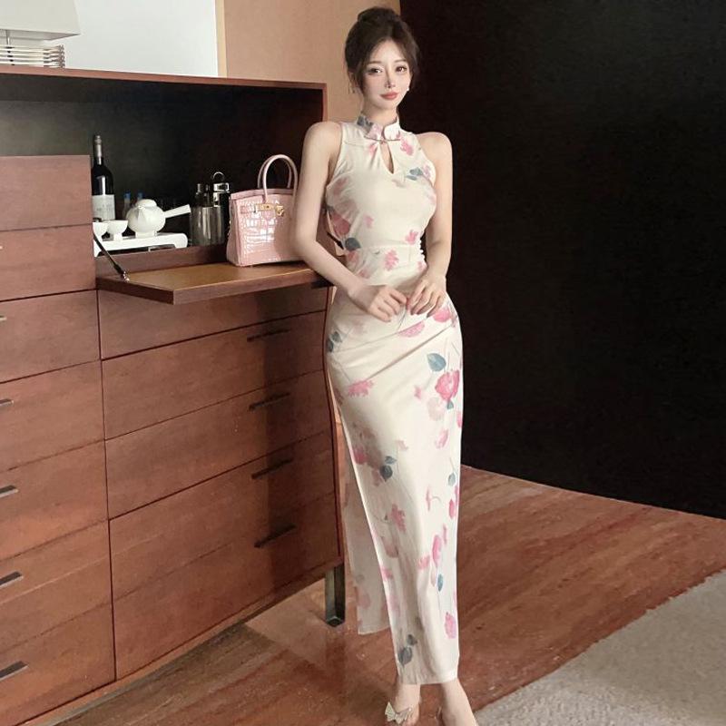 Women's Clothing Retro Elegant Medium and Long Improved Cheongsam Flower Jumpsuit