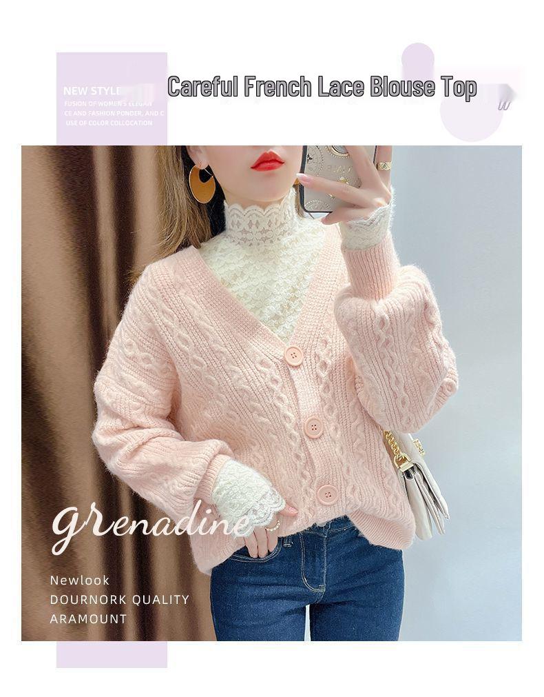 Dámský zimní top s krajkou a vysokým límcem, zateplený fleecem, slim fit - Hřejivý a všestranný