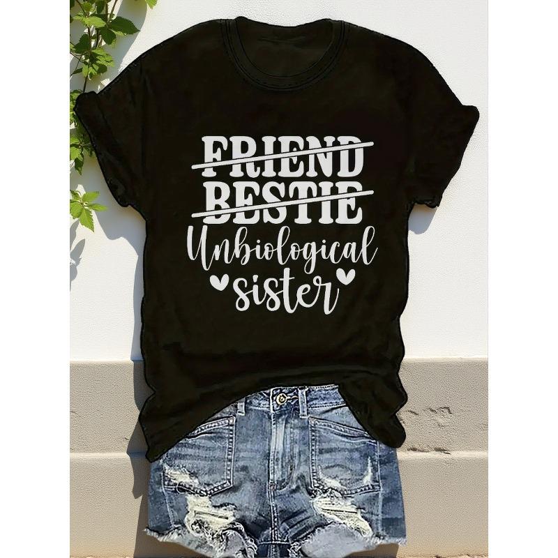 

Short-Sleeve Top for Women Featuring a Heart-Shaped Symbol Print, with The Words FRIEND, BESTIE, And Unbiological Sister. S чёрный