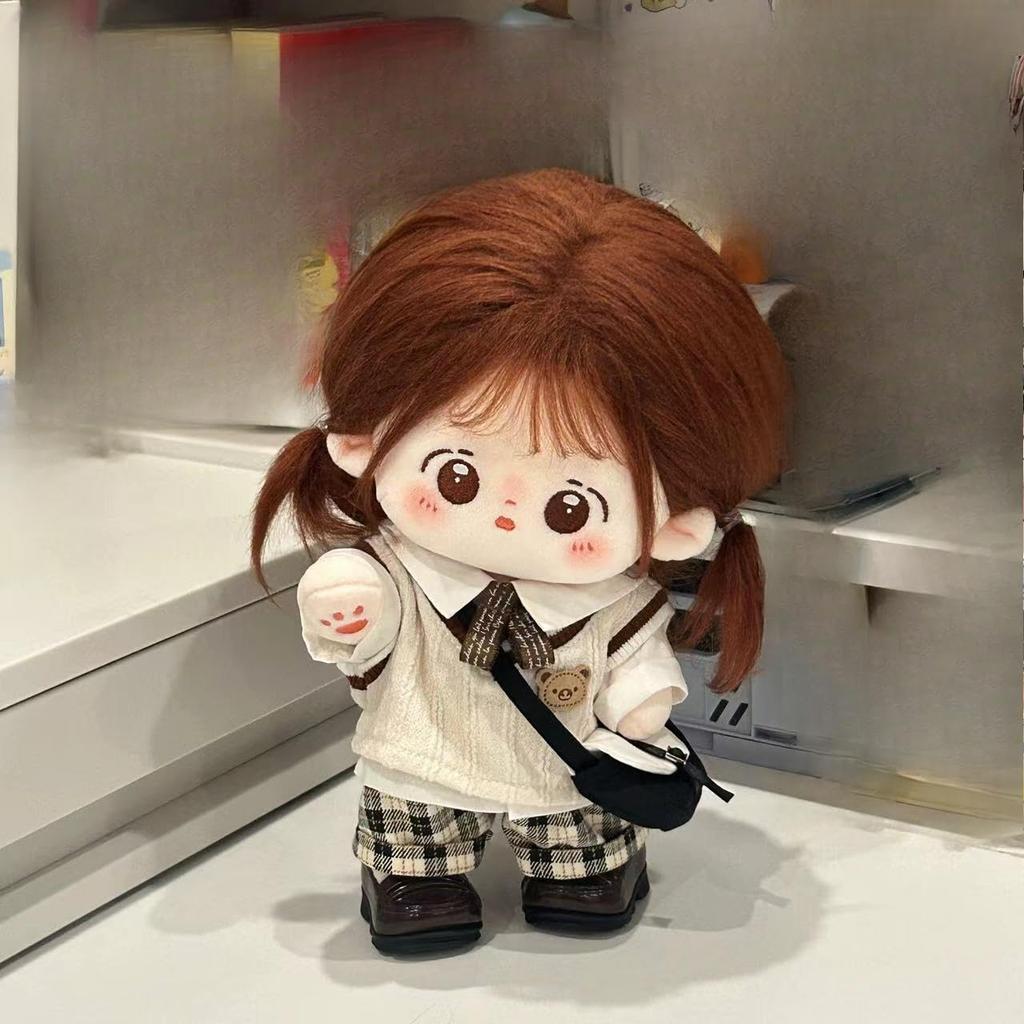 20cm Plüschpuppenkleidung, Handgefertigt, 4-teiliges Set im Schulstil für Plüschpuppen, Beinhaltet Weste, Hemd, Schleife und Hose (Beige, 20cm) [Gebraucht]