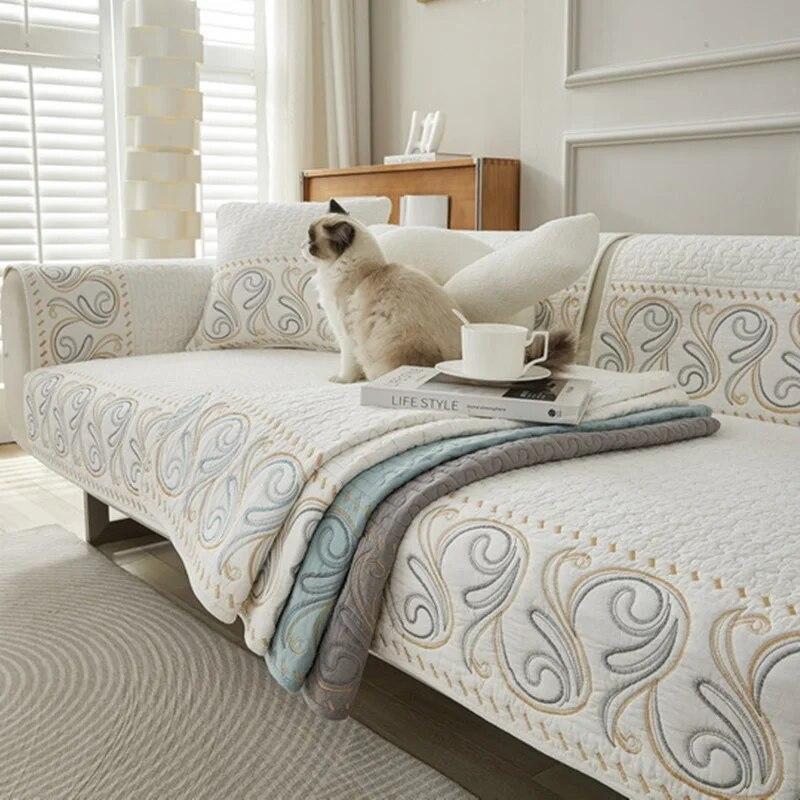 Baumwollbesticktes Sofakissen, Wohnzimmer, rutschfest, vier Jahreszeiten, universeller Sofabezug, All-Inclusive-Sofakissen, Rückentuch