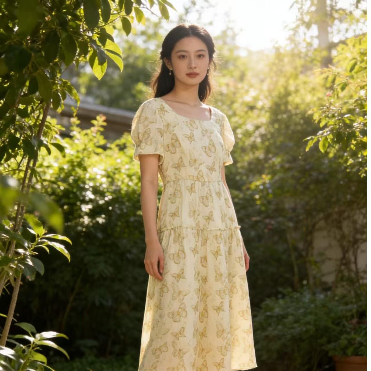 

Butterfly Print Square Neck Puff Sleeve Dress L (54-59 kg)