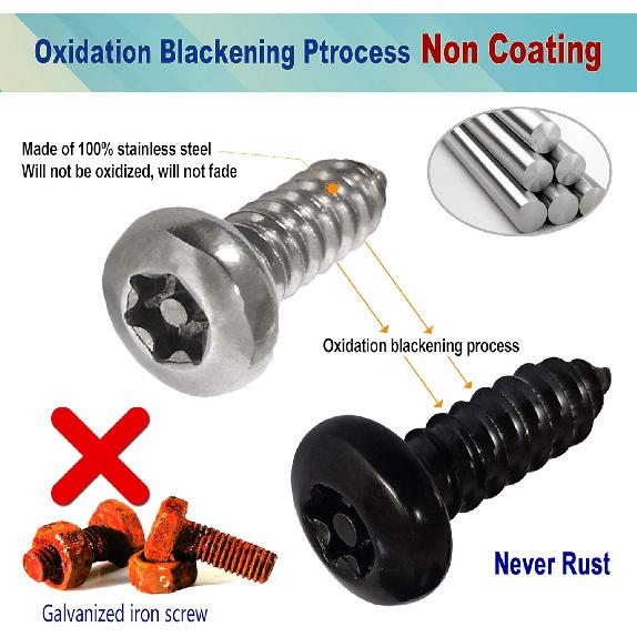 BGGTMO Black License Plate Screws- Stainless Steel Plate Mounting Hardware For Car Tag Frame, Anti-Theft Security Self-Tapping Screws Fit Front