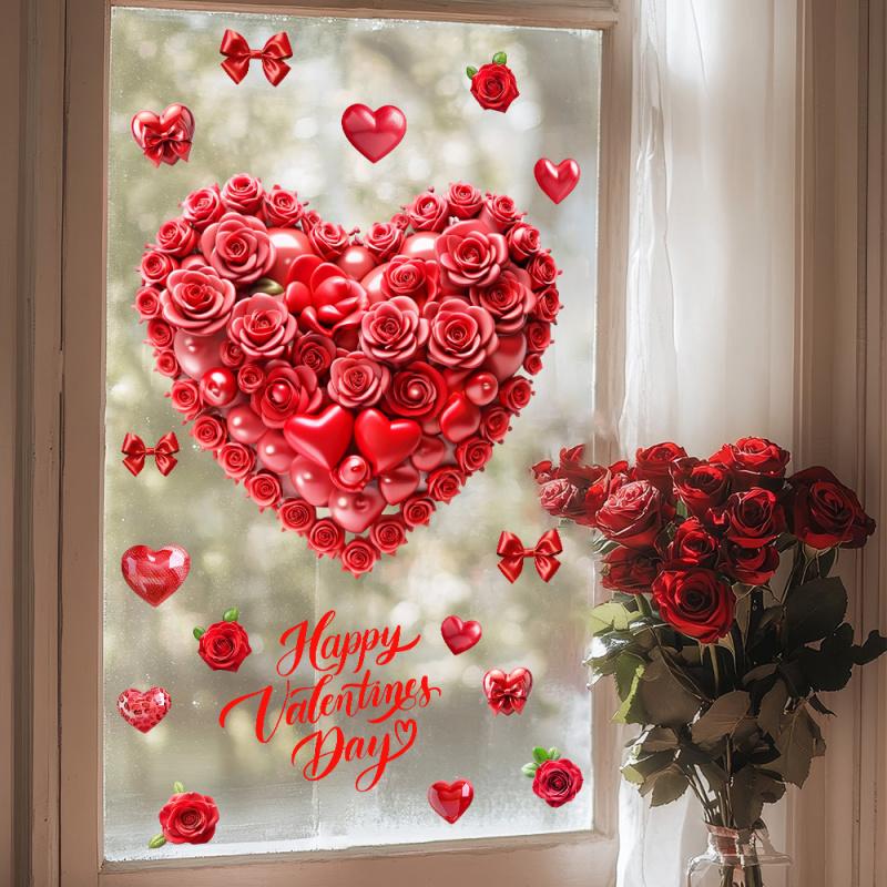 Romantic Red Rose Heart-Shaped Window Stickers for Valentine's Day, Home Decorations