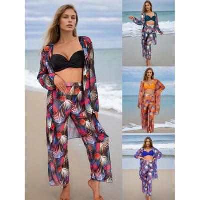 2026 Women's Four-Piece Bikini Set with Sun Protection: Includes Long-Sleeved Cover-Up, Trousers, and Swimwear for Beach or Hot Springs.