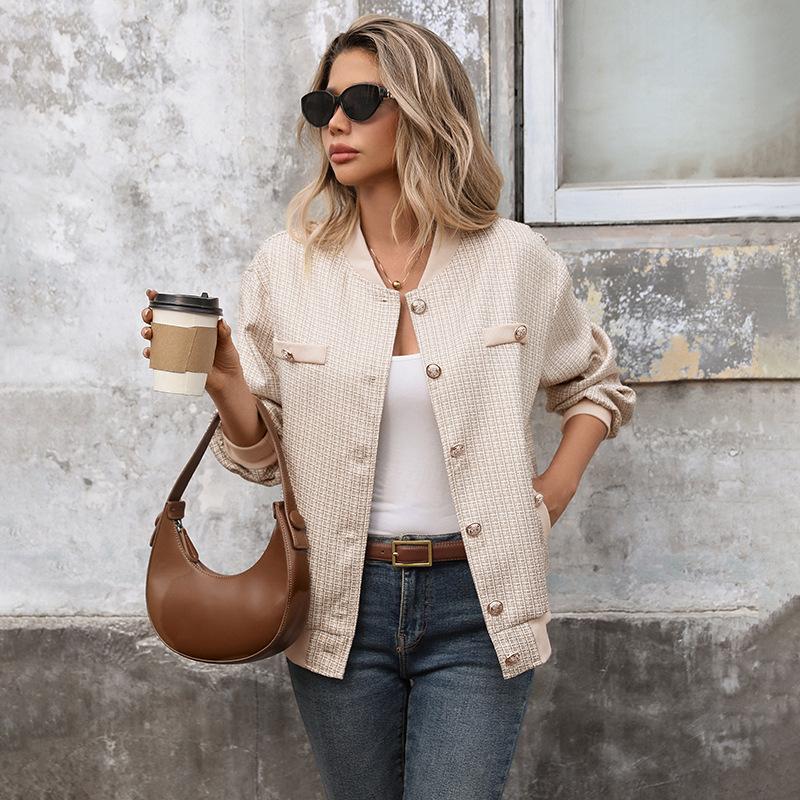 New Women's Stand-up Collar Jacket for Autumn and Winter, Jacquard Color-blocked Long-sleeved Cardigan