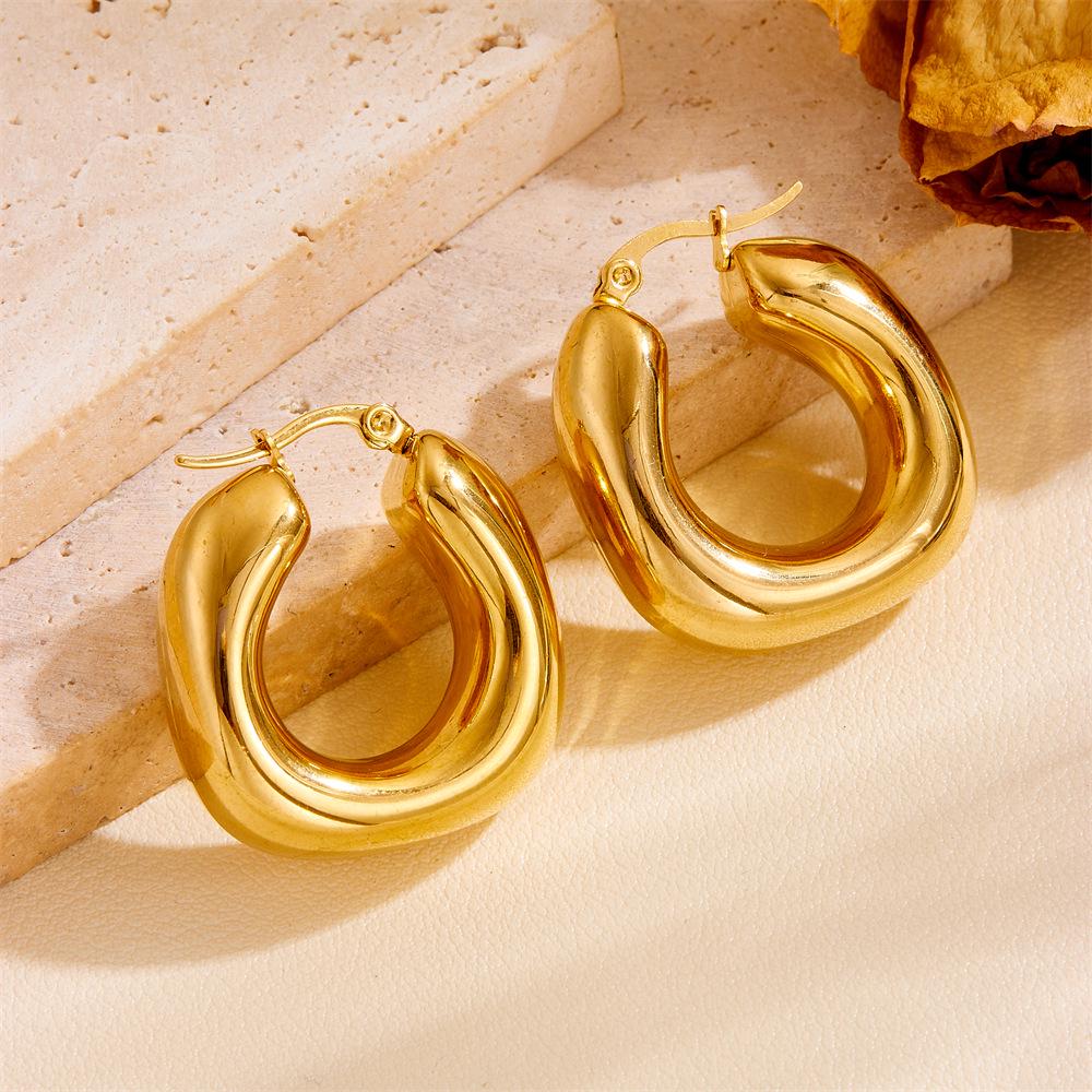 European Style 18K Gold Stainless Steel Threaded Hollow Earrings