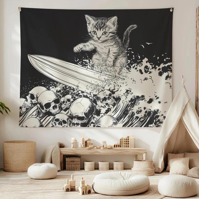 VIKAMA Hardcore Heavy Metal Kitten Tapestry Skull Surfing Cat Wall Art Funny Decorative Hanging for Living Room Home
