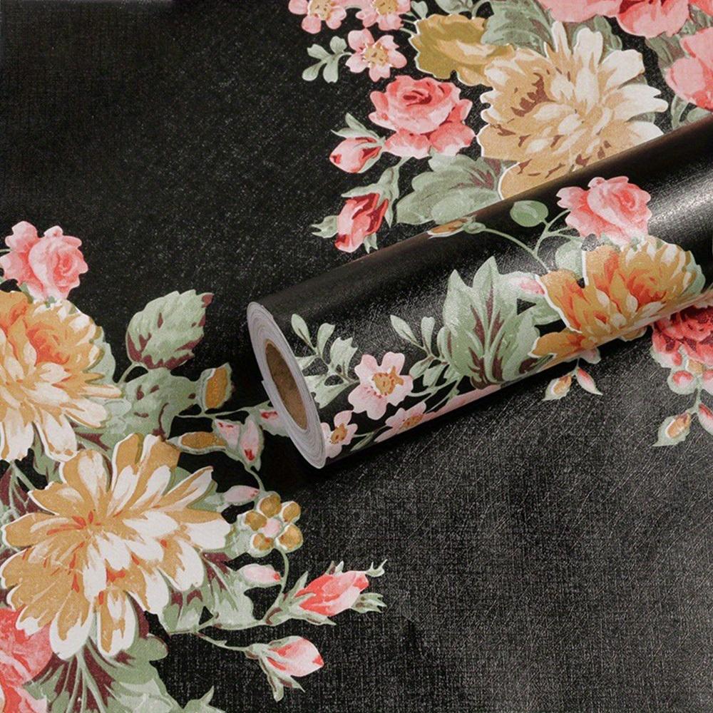 1pc Flower Shelf Liner Black Drawer Cover Paper Self-adhesive Rental House Furniture Decoration DIY Desktop Surface, Retro Self-adhesive Wallpaper