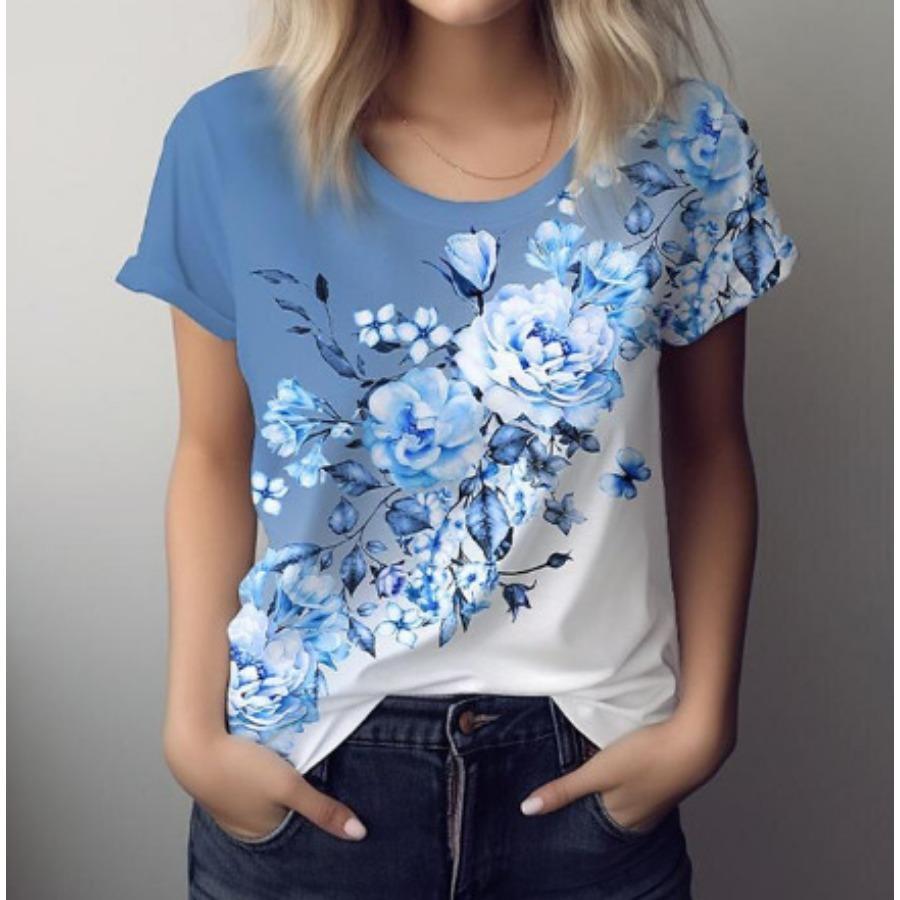 

Футболка с цветочным 3D принтом, летняя женская одежда, топы с круглым вырезом, повседневные футболки с короткими рукавами L