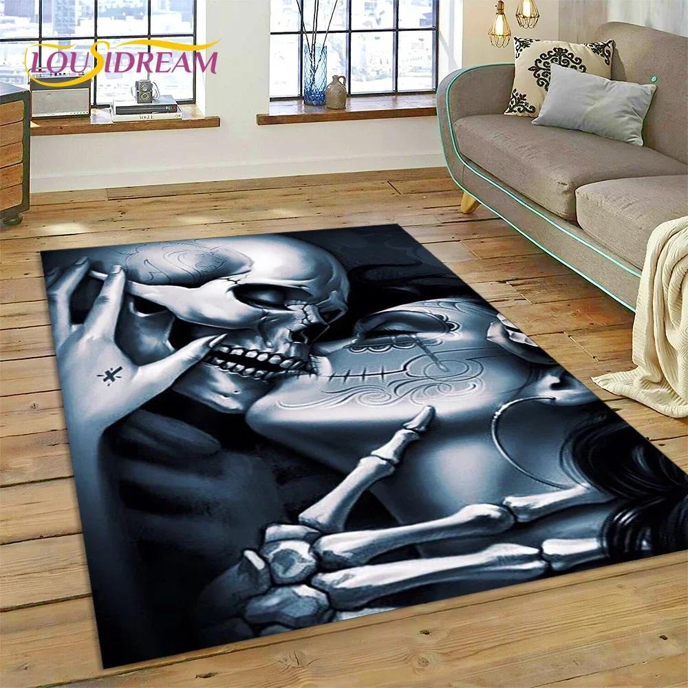 Totenkopf Totes Mädchen 3D Gothic Horror Weiblich Rose Teppich für Wohnzimmer Schlafzimmer Dekoration, Rutschfeste Dekoration für Sofa Fußmatte Geschenk