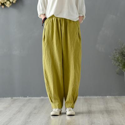 Women Bloomers Pants Pockets Autumn Elastic Waist Patchwork Trouser Solid Color Vintage Pants