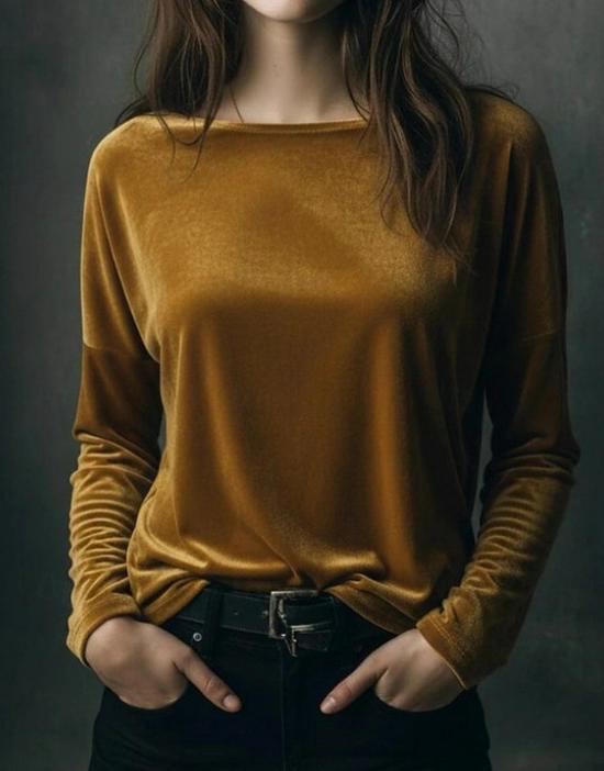 Top Elegant din Catifea cu Gât Rotund pentru Femei, Primăvara 2026