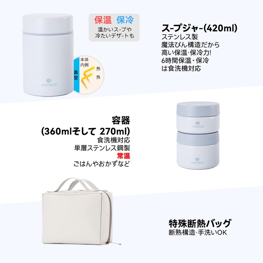 SANTECO Vacuum Insulated Soup Lunch Set 1050ml Lunch Insulated Bento and Carrying Bag Perfect for Picnics and Club Activities Jar, Box, Spoon,