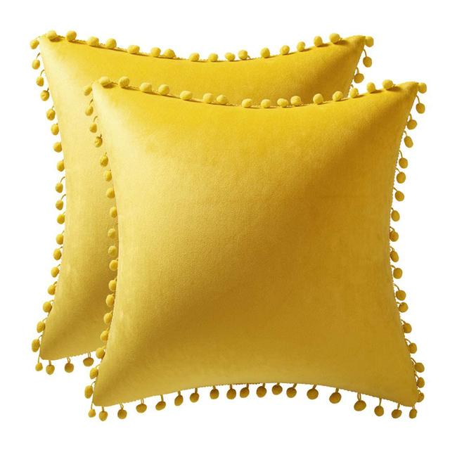 Set of 2 Velvet PIllowcase Solid Cushion Cover with Pom Poms Ball Throw Pillow Covers for Home Bed Sofa Decor 45X45  30X50 Cm