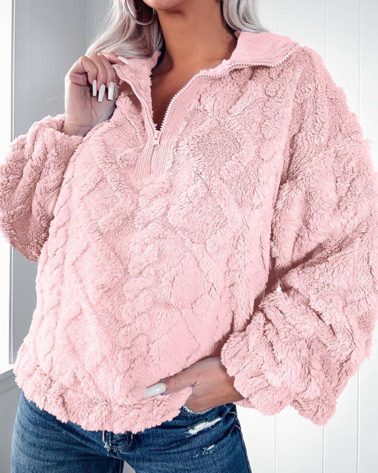 Autumn Winter Casual Loose Plush Pullover Shirt with Lapel and Long Sleeves