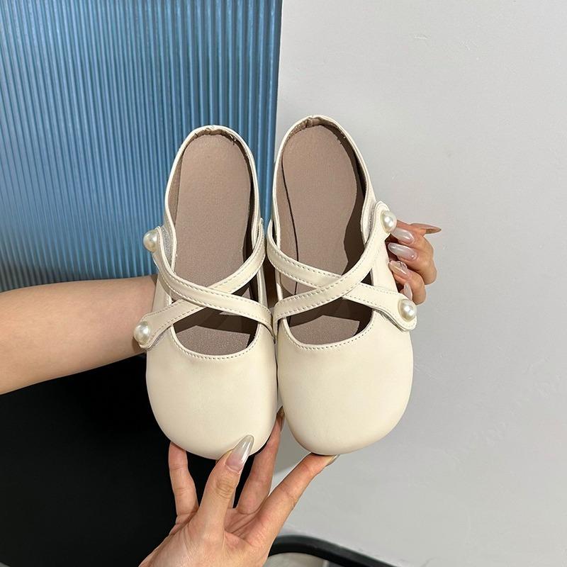 Fashion New Round Toe Shallow Mouth Soft Sole Slippers Women's Fashion Cross Pearl Band Non-slip Wrapped Head Slippers