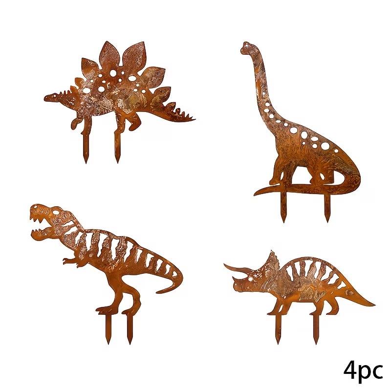 4Pcs Metal Rust Dinosaur Garden Stake Outdoor Garden Decor Ornament For Yard & Lawn Perfect Gift For Dinosaur Enthusiasts