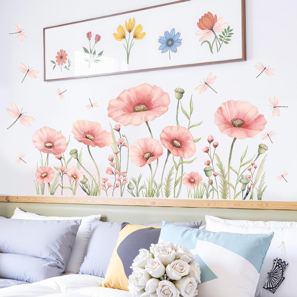 Pink Floral Dragonfly Wall Sticker Self Adhesive PVC Decal for Living Room Bedroom Home Interior Decoration