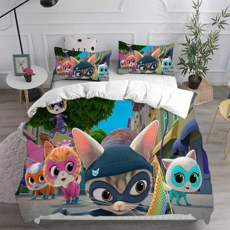 Super Kitties Kittydale Bedding Set Cartoon Cat Bed Supplies Set Children Duvet Cover Bed Comforter Set Bedding Birthday Gifts