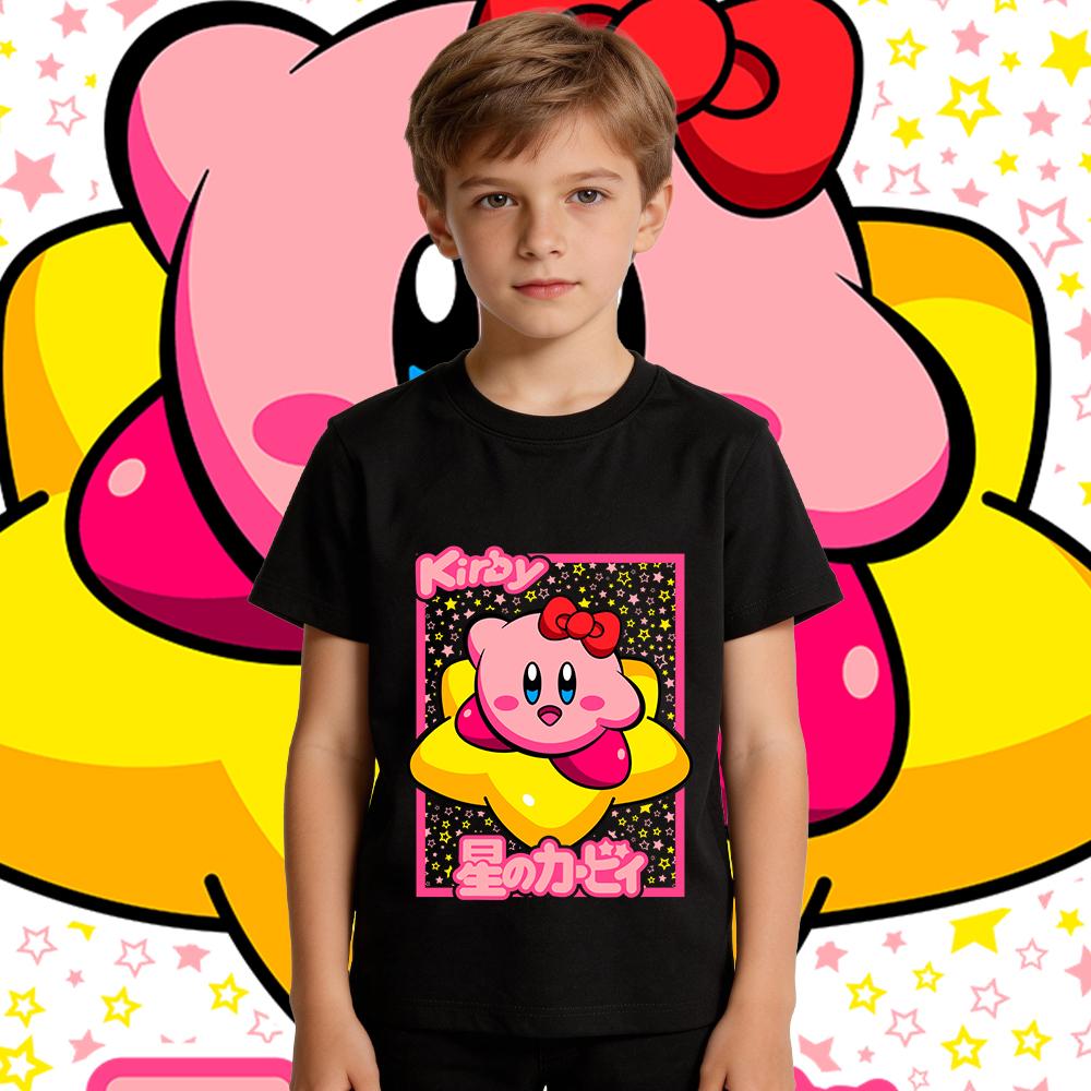 Kirby Anime Print Baumwoll-T-Shirt für Jungen Mädchen Kurzarm Lässiges Sommeroberteil Kinder Weiches Atmungsaktives T-Shirt