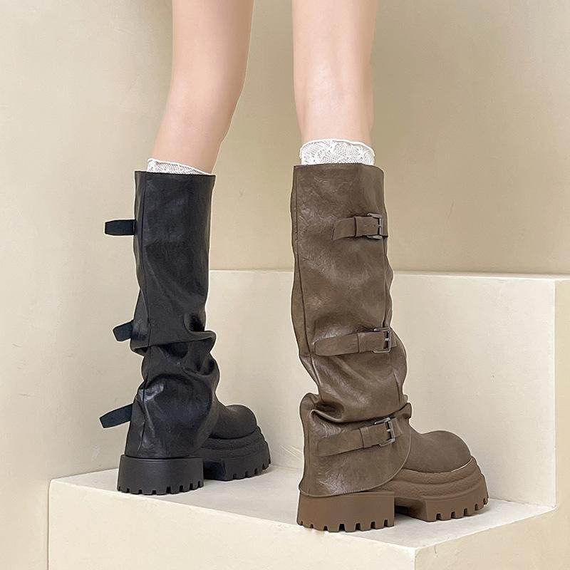 Fashion retro versatile thick heel pleated but knee fashion boots women's 2025 autumn and winter new versatile slim boots