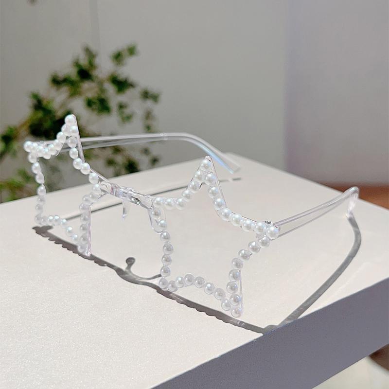 KAMMPT Cute Star Shaped Sunglasses with Pearls Women New Fashion Decor Shades Trendy Original Handmade Outdoor Rave Sun Glasses
