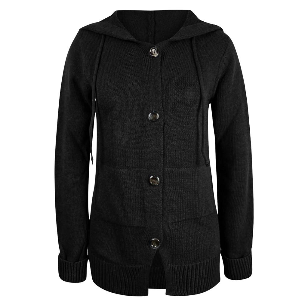 Kvinner Casual Varm Løs Knapp Hettegenser Strikkegenser Lange Overdeler Bluse Genser
