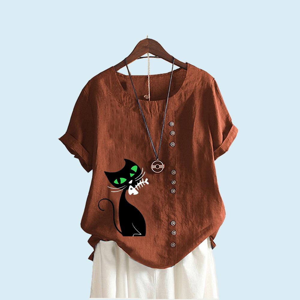 Tricou cu mânecă scurtă la modă pentru femei, vară și toamnă, ocazional, cu gât rotund, cu imprimeu de pisici, pulover, bluze de in, bumbac, liber