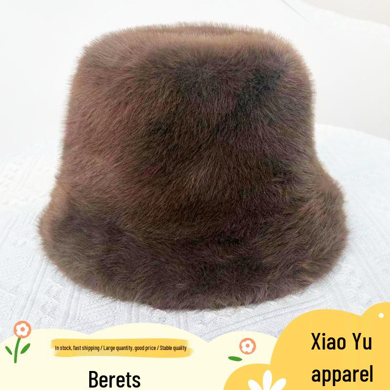 Women s White Plush Faux Mink Bucket Hat - Warm, Fluffy, Versatile Japanese Style for Winter Fisherman Hat белый