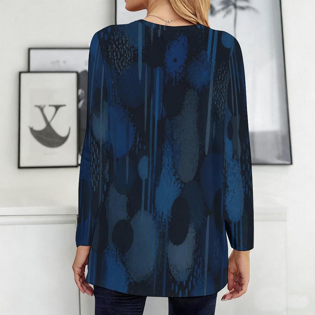 Women Plus Size Round Neck Long Sleeve Blue Printed Loose Longline T Shirt With Pockets
