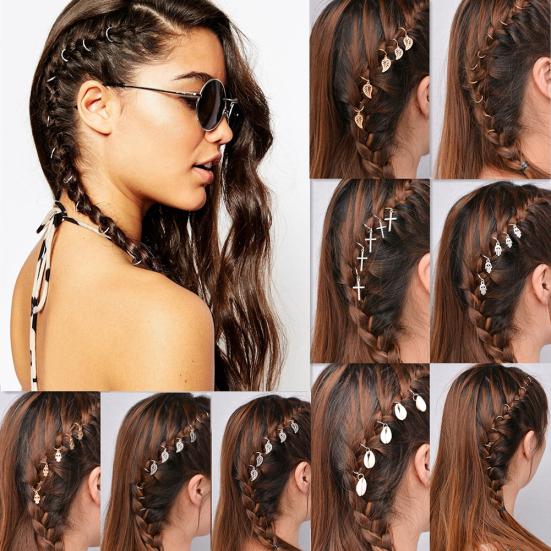 5/10Pcs Punk Women Hip-Hop Braid Hand Cross Shell Leaf Ring Hair Clips Accessory