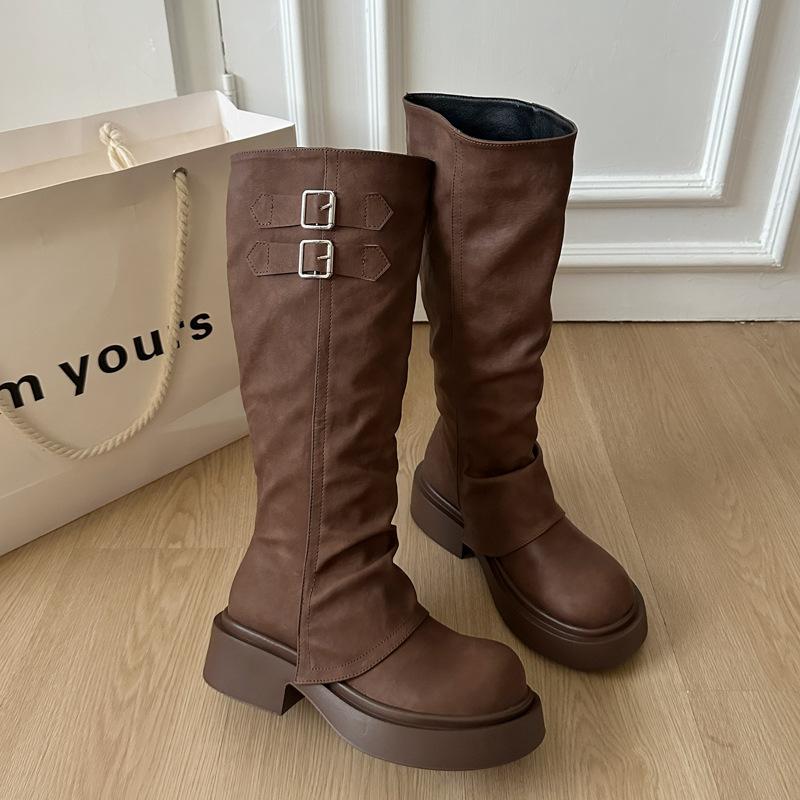 

Maillard Pleated Piles Medium Boots Women s 2025 Muffin Pants Knight Boots Western Cowboy Boots High Heel 40 коричневый