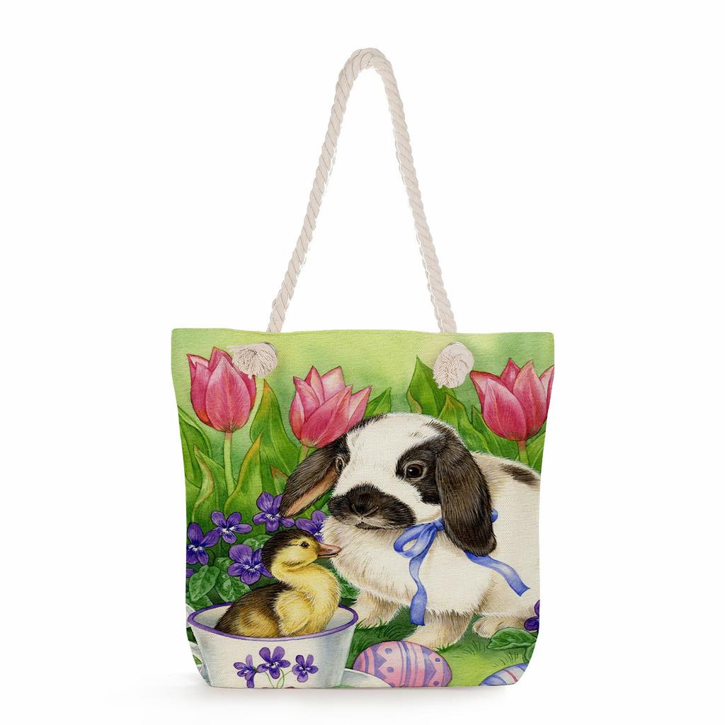 Cat print thick rope single-shoulder beach bag 7228