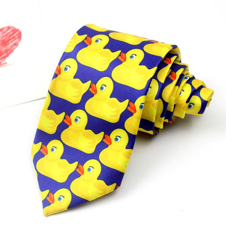 Matte Polyester Screen Printed Yellow Duck Pattern Long Tie for Men and Women