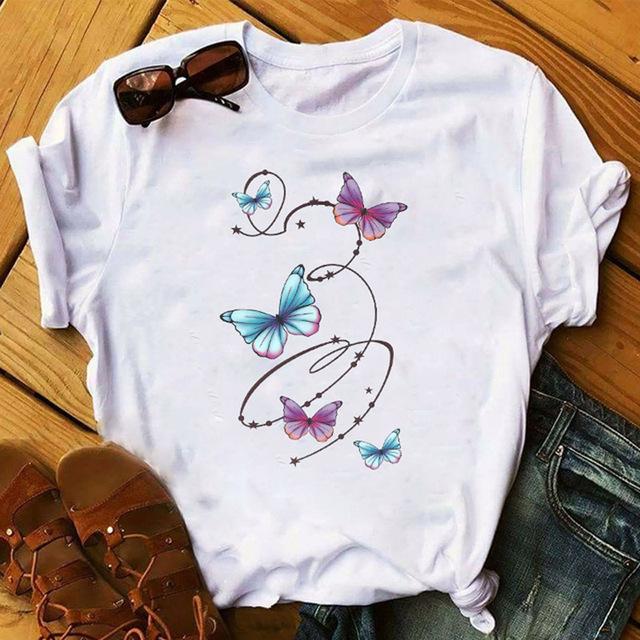 Women T Shirt Butterfly Heart Print T Shirt Female Summer Casual Cute Graphic Tee Tops Women Summer Funny Harajuku T-Shirts Tops