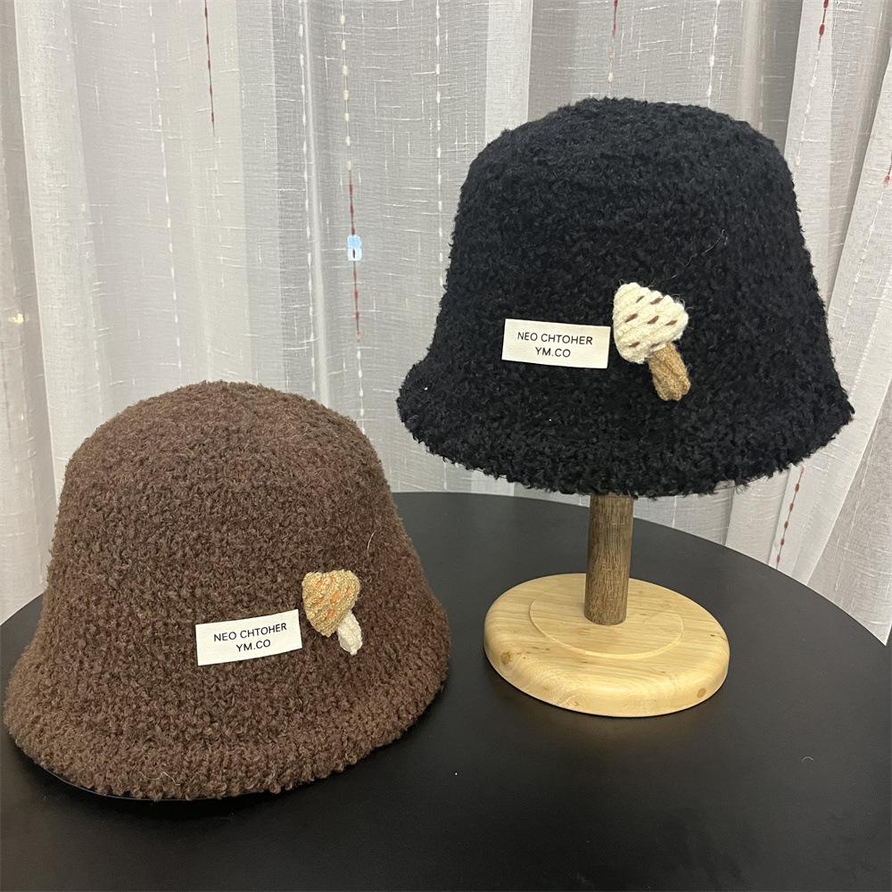 Cute three-dimensional mushroom bucket hat autumn and winter new lamb wool warm and cold-proof split bucket hat female